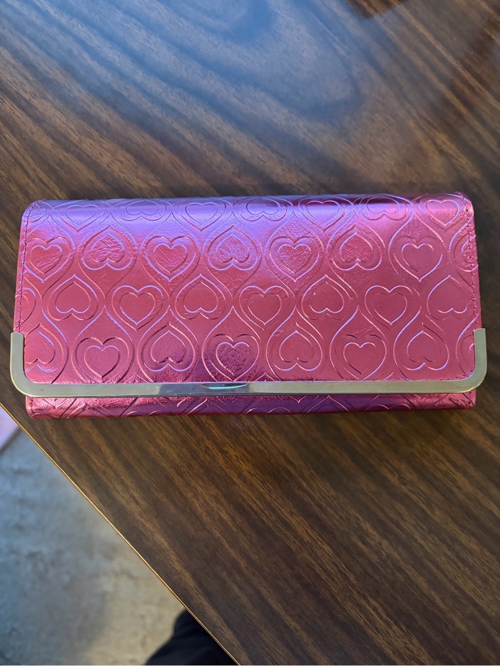 Pink Heart-Embossed Metallic Clutch Wallet - Women's Accessory